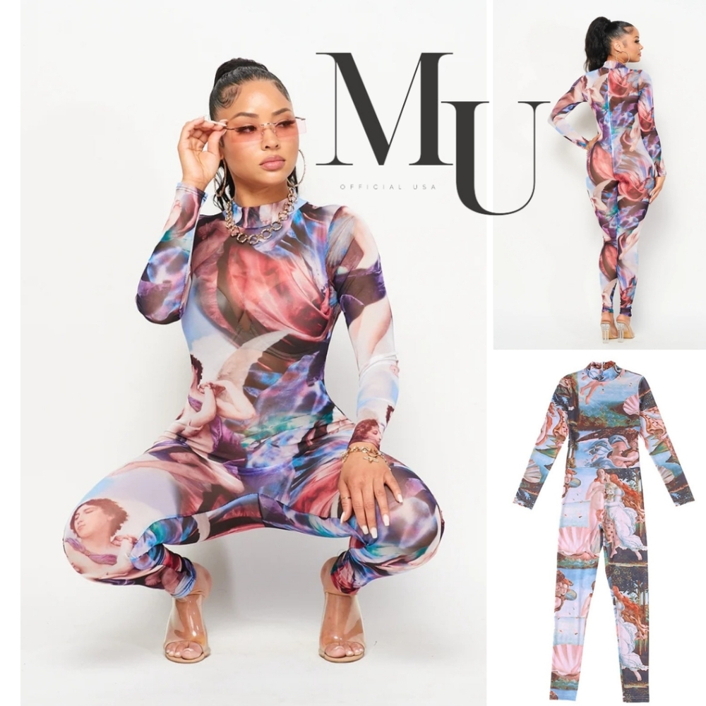 Elegant Artistic Print Jumpsuit - Blue and Pink
